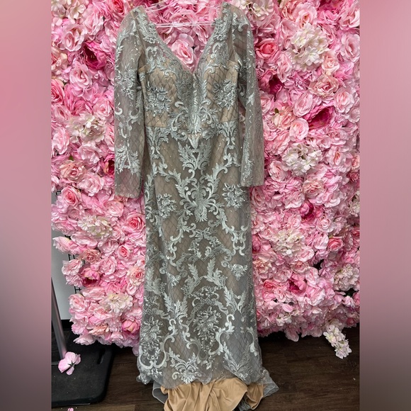 NWT Janique 1937 size 18 silver/nude long sleeve lace long dress - Picture 2 of 6